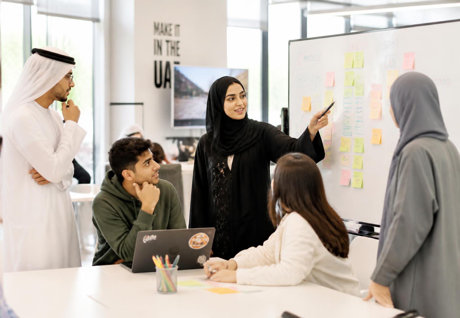 LSBU Ajman students working on a start-up idea at a whiteboard